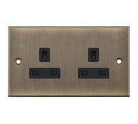 Selectric DSL620 5M 2 Gang 13A Unswitched Socket Outlet with 2 Earth Terminals - Antique Brass, Black Insert