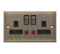 Selectric DSL624 5M 2 Gang 13A Switched DP Socket Outlet with Neon - Antique Brass, Black Insert