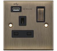 Selectric DSL660 5M 1 Gang 13A Switched Socket Outlet with 1x USB Type-A (2.1A) - Antique Brass, Black Insert