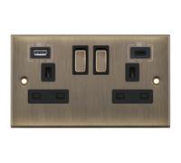 Selectric DSL663 5M 2 Gang 13A Switched Socket Outlet with 1x USB Type-A (2.4A) & 1x USB Type-C (3A) - Antique Brass, Black Insert