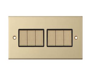 Selectric DSL805 5M 6 Gang 2 Way 10AX Plate Switch - Satin Brass, Black Insert