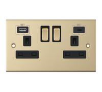 Selectric DSL863 5M 2 Gang 13A Switched Socket Outlet with 1x USB Type-A (2.4A) & 1x USB Type-C (3A) - Satin Brass, Black Insert