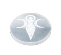 Selenite Charging Plate with Goddess Moon Design - 4" Engraved Healing Crystal Charger | Round Disc Coaster for Home, Office, Table Decor | Amplify Energy, Crystals and Healing Stones