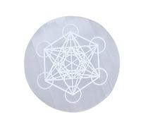 Selenite Crystal Charging Plate for Crystals and Healing Stones, 4.3" Selenite Crystal Plate Engraved Metatron Cube Coaster for Home Office Table Decor (Selenite Round Disc)