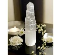 Selenite Crystal Tower Handmade Large Natural White Healing Crystals Mountain Pillar for Meditation Spiritual Energy Alter Cleansing Table Decoration Pillar or Gifts (20cm)