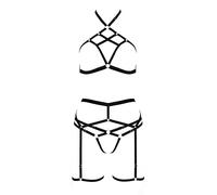 Selente Luxury Love Women's Seductive 4 Piece Lingerie Set Bra Suspender Belt Thong & Satin Blindfold Made in EU, Black Bands, S-M