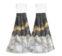 Selerdon 2-Pack Marble Gold Foil Hanging Hand Towels, Black, White, Gold - 14x18.2 Inches, 100% Polyester Coral Velvet, Quick Dry, Super Soft