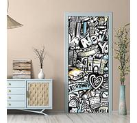 Self Adhesive 3D Door Murals Peel and Stick Decor Stickers Cartoon Doodle Characters Wallpaper Removable Art Poster Kids Room Door Photo Door Sticker Living Room Study Office Kitchen 80 X 200 Cm