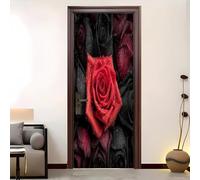 Self-Adhesive 3D Door Sticker, 90 x 200 cm, Romance Florals Roses PVC Waterproof Removable Door Mural Wallpaper Red for Bedroom, Living Room, Door Wall Decoration Sticker