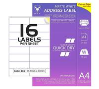 Self-Adhesive Address Labels - 16 Per A4 Sheet, 1600 Total | 99.1 x 34mm Matte Sticker Paper | Printable Sticky Back | Inkjet & Laser Compatible | 100 Sheets