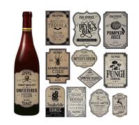 Self Adhesive Alcohol Bottle Labels - Halloween Wine Bottle Stickers 12pcs | Self Adhesive Labels for Drinks, Party Decoration, Wall Decor, Pen