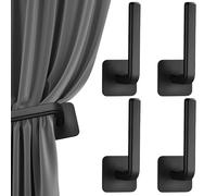 Self Adhesive Curtain Tie Backs, 4 PCS Black Stick On Curtain Holdbacks, Stylish L Shaped Curtain Holdbacks, No Drill Required for Bathroom Bedroom Kitchen, 13x6cm Plastic Hooks