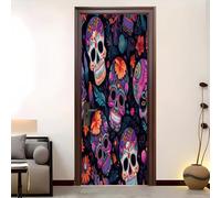 Self-Adhesive Door Stickers, 3D Door Murals Stickers 90x200 cm Day of The Dead Art Skulls PVC Waterproof Removable Wallpaper Decoration Colorful for Bedrooms Living Room Door Wall Sticker Decal