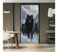 Self-Adhesive Door Stickers, 77 x 200 cm 3D Door Mural Pattern PVC Fierce Wild Animals Snow Wolf Packs Decorative Decals for Bedrooms Living Room Home Office, Black Gray - Set of 2 Sheets