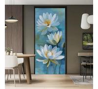 Self-Adhesive Door Stickers, 80 x 210 cm 3D Door Mural Pattern PVC Modern Abstraction Lotus Flowers Decorative Decals for Bedrooms Living Room Home Office, Blue - Set of 2 Sheets