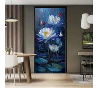 Self-Adhesive Door Stickers, 90 x 200 cm 3D Door Mural Pattern PVC Abstract Serene Plant Lotus Decorative Decals for Bedrooms Living Room Home Office, Blue - Set of 2 Sheets