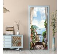Self Adhesive Door Wrap Sticker - Balcony Sea View 77 X 200 Cm - Peel And Stick 3D Effect Door Wrap - Hd Removable Vinyl Wallpaper Living Room Kids Room Bedroom Office Kitchen Door Photo Door -6V6W6A1