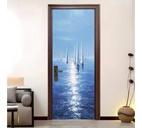 Self-Adhesive PVC Door Sticker 77x200 cm Sailboat Seascape Pattern Removable Waterproof Vinyl Peel & Stick Door Wraps, Poster Decals, 4D Mural Blue for Bathroom, Toilet, Kids, Fridge