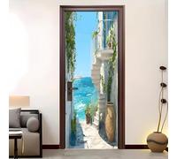 Self-Adhesive PVC Door Sticker 95x215 cm Romantic Seaside Architecture Removable Waterproof Vinyl Peel & Stick Door Wraps, Poster Decals, 8D Mural Blue for Bathroom, Toilet, Kids, Fridge