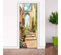 Self Adhesive Removable Waterproof DIY 3D Door Decal Small Town Steps Flower Landscape Decorative Door Stickers Decor Door Mural Wall Stickers Wallpaper for Home Decor 80 X 200 Cm - Bo-40773392018262