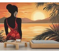 Self Adhesive Wall Mural Wallpaper African Woman Photo Wallpaper Sunset Landscape 3D Effect Art Poster for Living Room Bedroom Home Decoration 350x250 cm A-7939
