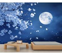 Self Adhesive Wall Mural Wallpaper Cherry Blossom Photo Wallpaper Moon 3D Effect Art Poster for Living Room Bedroom Home Decoration 250x175 cm A-7216