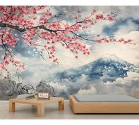 Self Adhesive Wall Mural Wallpaper Japanese Cherry Blossoms Photo Wallpaper Mountains 3D Effect Art Poster for Living Room Bedroom Home Decoration 400x280 cm A-8178