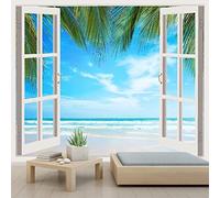 Self-Adhesive Wall Paper Murals Windows Palm Beach Nature Landscape 3D Effect Including Paste Living Room Office Bedroom Children's Room Dining Room Corridor Wall Poster Wall Ar 200 (W) x 150 (H) cm