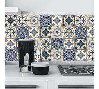 Self Adhesive Wall Tiles Beige Blue Retro Peel and Stick Tiles Kitchen Backsplash PVC Oilproof Waterproof Tile Stickers for Bathroom Decoration 30x30cm /10 Pcs
