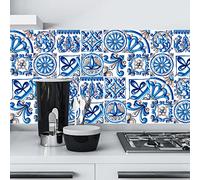 Self Adhesive Wall Tiles Bohemian Retro Blue Peel and Stick Tiles Kitchen Backsplash PVC Oilproof Waterproof Tile Stickers for Bathroom Decoration 30x30cm /10 Pcs