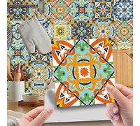 Self Adhesive Wall Tiles Green Orange Flowers Waterproof Splashbacks Transfers Cover, for Tile Kitchen Bathroom, Stick On Wall, Tile Stickers Decals,Home Decor DIY Living Room 15X15Cm