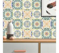 Self Adhesive Wall Tiles Orange Green Flowers Peel and Stick Tiles Kitchen Backsplash PVC Oilproof Waterproof Tile Stickers for Bathroom Decoration 30x30cm /10 Pcs