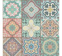 Self Adhesive Wall Tiles Stickers -9 PCS Moroccan Mosaic Style Kitchen Wall Art Tiling Traditional Vintage Design Peel and Stick transfers Tile Paint-Bathroom backsplash Kitchen splashbacks (4 inch)