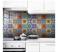 Self Adhesive Wall Tiles Yellow Blue Bohemian Peel and Stick Tiles Kitchen Backsplash PVC Oilproof Waterproof Tile Stickers for Bathroom Decoration 20x20cm /10 Pcs