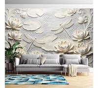 Self Adhesive Wallpaper 3D Effect Dragonfly Lotus Flower Faux Embossed Wallpaper Removable Stick On Contact Paper for Living Room-Bedroom-Custom- Relief Wall Decoration 180Cm(H) X280Cm(W)