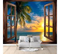 Self Adhesive Wallpaper Mural Sea View Outside The Window Photo Wallpaper Sunset 3D Effect Poster Mural for Living Room Bedroom Wall Home Decoration 150x105 cm B-2557