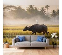 Self Adhesive Wallpaper Removable Stick On Contact Paper Rice Paddy Water Buffalo Peel and Stick Wallpaper for Bedroom Living Room Sofa Tv Background 100Cm(H) X140Cm(W)