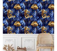 Self Adhesive Wallpaper Tropical Plants Peel and Stick Wallpaper Blue Gold Jungle Leaves Pattern Vinyl Film 50×300CM Contact Paper Retro Style Sticky Back Plastic for Bedroom Living Room Bathroom