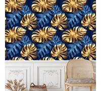 Self Adhesive Wallpaper Tropical Plants Peel and Stick Wallpaper Blue Gold Jungle Leaves Pattern Vinyl Film 30×300CM Contact Paper Retro Style Sticky Back Plastic for Bedroom Living Room Bathroom