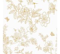 Self Adhesive Wallpaper White and Gold,44 x 1000 cm Gold Floral Wallpaper Flowers Birds Leaf Plants Butterfly Forest Wall paper Boho Self Adhesive Furniture Wrap for Living Room,Bathroom,Cabinets