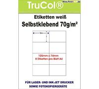 Self-adhesive white labels 105 x 74 cm on the format DIN A4 25, 100, 1000 sheets DIN A4, 70 g/m2, suitable for inkjet printers, laser printers and copiers. 1000 Blatt / 8000 Etiketten