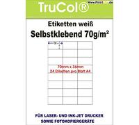 Self-adhesive white labels 70 x 36 on the format DIN A4 25, 100, 1000 sheets DIN A4, 70 g/m2, suitable for inkjet printers, laser printers and copiers. 100 Blatt / 2400 Etiketten