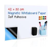 Self-Adhesive Whiteboard Paper 42 x 30 cm, Magnetic White Board Sheet Stick on Wall, Dry Erase Whiteboard Sticker for Home School Office, Included Pens, Eraser, Pen Holder, Magnets