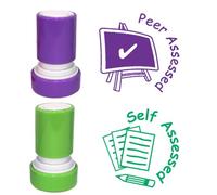 Self assessed, Peer assessed, 2 Teacher Stamp Set, 22mm Self-Inking, Reinkable. Green and Purple Ink