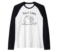 Self Care Frog Funny Cozy Coffee Relaxing Animal Design Raglan Baseball Tee