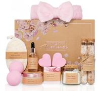 Self Care Moments Birthday Spa Gifts for Women, 12 Piece Cherry Blossom Set | Pamper Hamper. Crackling Candle, Exfoliating Body Scrub & Loofah, Body Oil, Bath Bombs & Salts, Shower Steamers and Headband