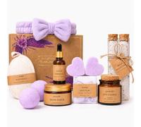 Self Care Moments Birthday Spa Gifts for Women, 12 Piece Lavender Bath Set | Pamper Hamper. Crackling Candle, Exfoliating Body Scrub & Loofah, Body Oil, Bath Bombs & Salts, Shower Steamers and Headband