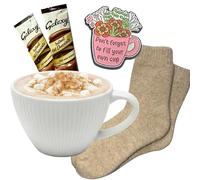 SELF CARE SET: Tea cup/Mug gift set. A lovely gift set for women with cosy socks, hot chocolate sachets and pin badge. A thoughtful thank you for everything gift.