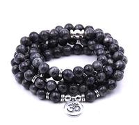 Self-Discovery 108 Natural Beads Mala Yoga Jewelry Meditation Beads Bracelet Necklace with Yoga Symbol Charm (Labradorite)