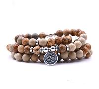 Self-Discovery 108 Natural Beads Mala Yoga Jewelry Meditation Beads Bracelet Necklace with Yoga Symbol Charm (Picture Jasper)